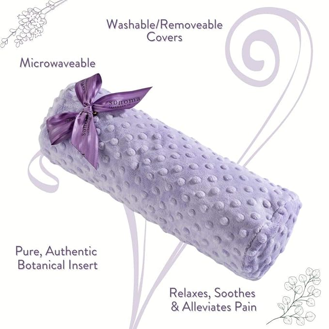 Sonoma Lavender, Lavender Bolster Roll, Microwaveable, Hot/Cold Neck Pillow, Soothing and Relaxing Pain Relief for Neck, Low Back or Behind The Knees, Removable/Washable Cover, (Lavender Dot)