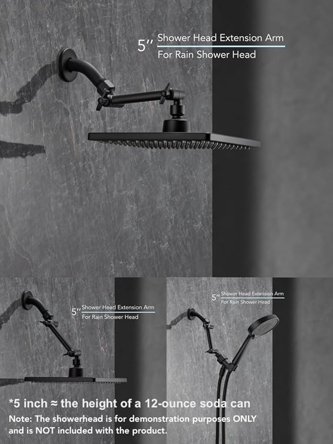 5 Inch Adjustable Shower Head Extension Arm With Locking Set Screw, Singing Rain Metal Matte Black Angle Height Adjustable, Easy To Install, G1/2 Universal Connector Compatible (Matte Black Finish)