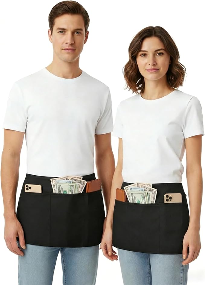 BOHARERS 10 Pack Black Waitress Aprons Server Apron with 3 Pockets Men Women Short Waterproof Apron Kitchen, Restaurant