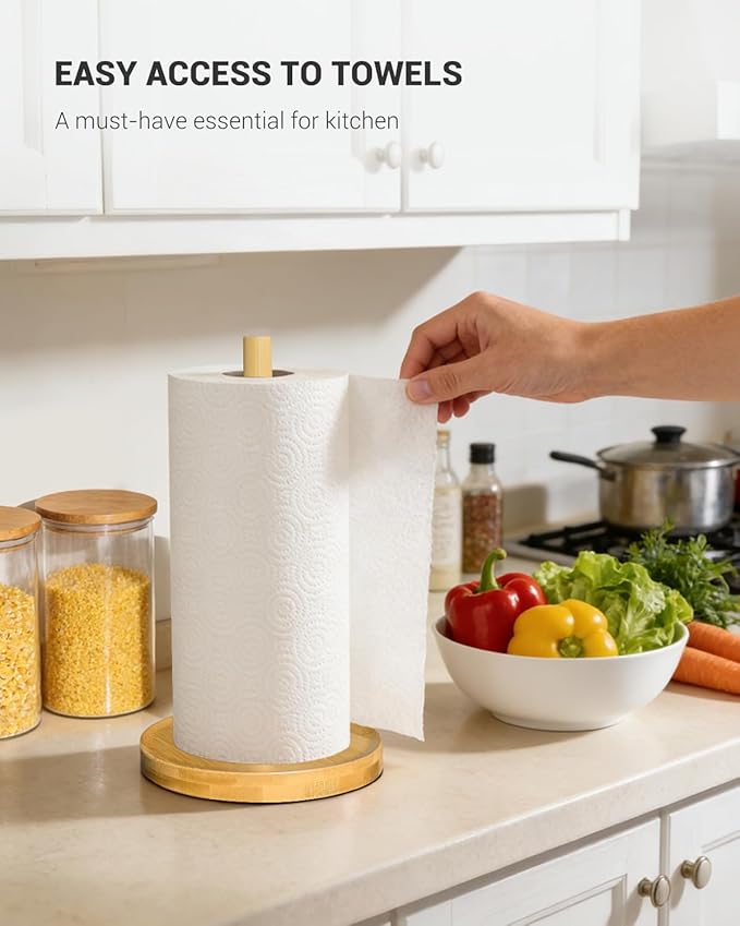 NESAPTO Paper Towel Holder Countertop, Wooden Freestanding Paper Towel Stand for Modern Farmhouse & Cottagecore Decor, Kitchen Bathroom Essential, Bamboo