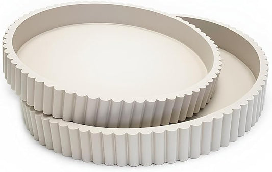 Modern Table Round Decorative Trays 2pcs Home Decor - Circle Coffee Table Centerpiece Set 12"/10" - Wooden Warm Grey Ottoman Tray with Fluted Edge