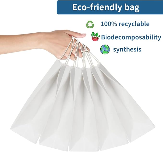 FACEBAG 50 PCS White Paper Bags with Handles Bulk, 8x4.25x10.5 Inches,Medium-sized White Gift Bags with Handles for Party Favors, Take-Out, Grocery Shopping & Retail, Reusable & Durable