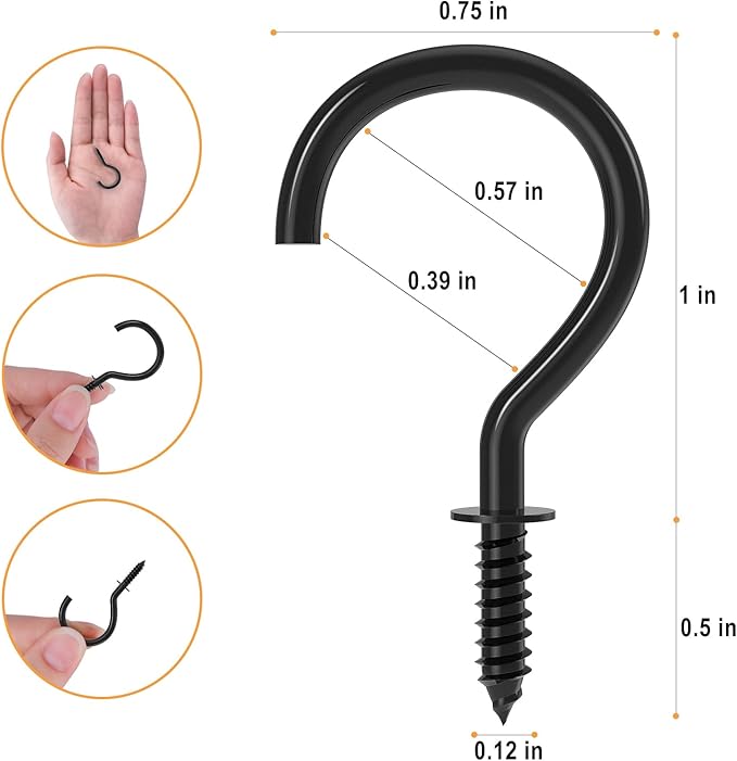 RELBRO Screw Hooks, 1 Inch Metal Screw in Cup Hooks, Black, 100 Pcs