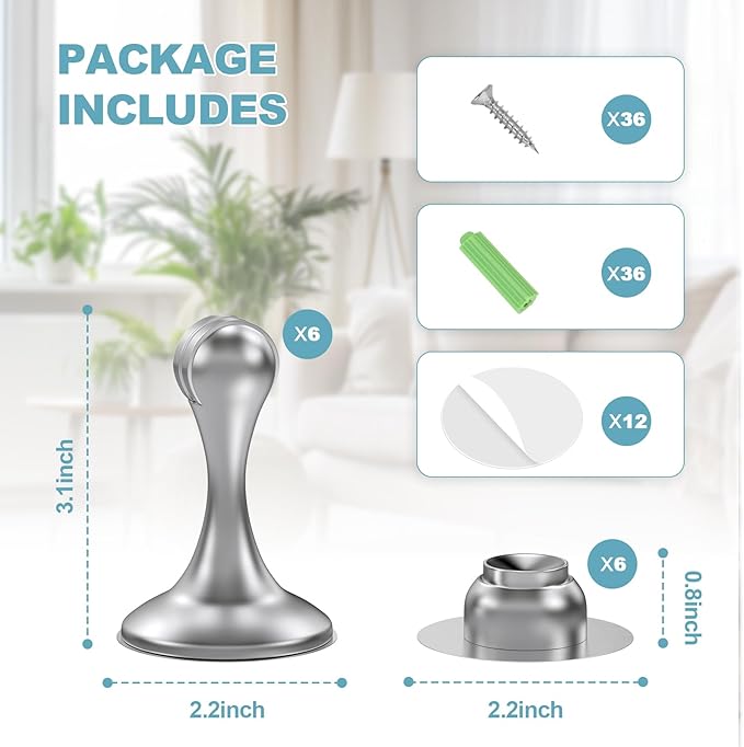 Magnetic Door Stoppers 6 Pack, Stainless Steel Door Stops for Wall and Floor Mounting, Door Holder Keep Door Open, No Drilling Door Stop with 3D Adhesive Tapes, Silver
