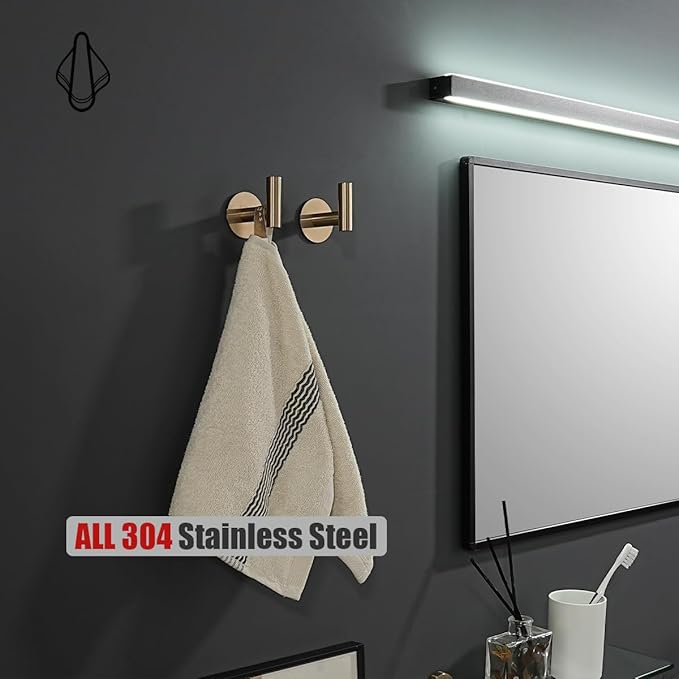 JQK Self-Adhesive Towel Hook Champagne Bronze, No Drill Stick-on Coat Robe Clothes Wall Hook for Bathroom, 2 Pack, 304 Stainless Steel, ATH110-CB-P2