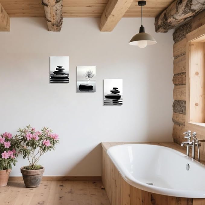 CCWORKERRY 3PCS Zen Stones Canvas Wall Art Black and White Zen Stone Painting Calming Meditation Wall Decor for Yoga Studio Office Spa Bathroom (white,24W x36L x3)