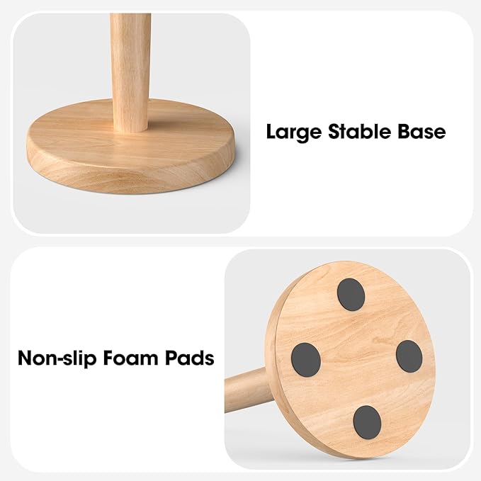 KitchLife Wooden Paper Towel Holder Countertop, Fits Jumbo Roll - Solid Beechwood Paper Towel Dispenser Stand with Wide Anti-Skid Base