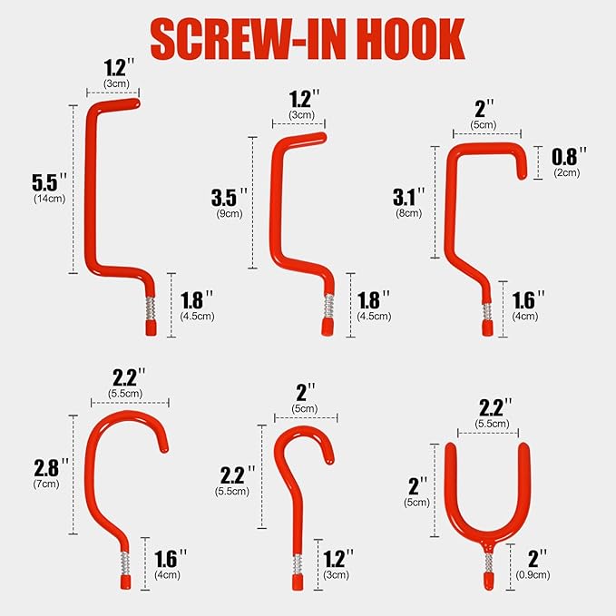Lian.Ripple.Lian Garage Hooks Heavy Duty, 12-Pack Mixed Utility Garage Hooks, Wall Mounted Steel Tool Hangers for Garage Wall Organizer, Hold Ladders Tools Bikes (Red, 6 Type & 12 Pack)