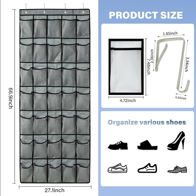 Teikou 35Large Pockets Over The Door Shoe Organizer, Mesh Pockets Shoe Holder Rack, Capacity hanging shoe organizer，door shoe rack With 4 Metal Hook.