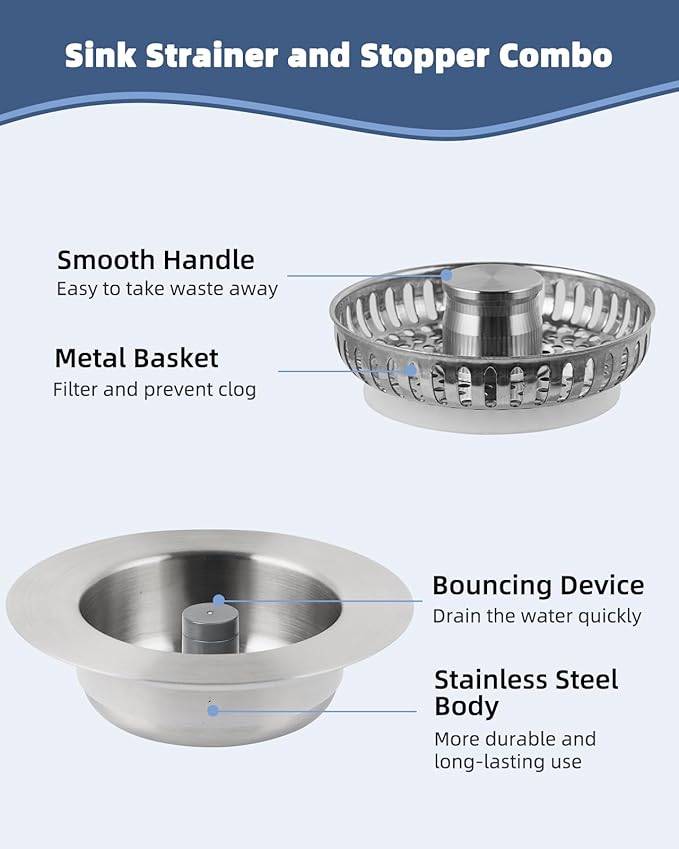 Hygie Rinse 3-in-1 Kitchen Sink Strainer Stopper Combo All Metal Stainless Pop Up Sink Drain Strainer with Handle Rod for US Standard 3-1/2 inch Drain Filter, Anti-Clog