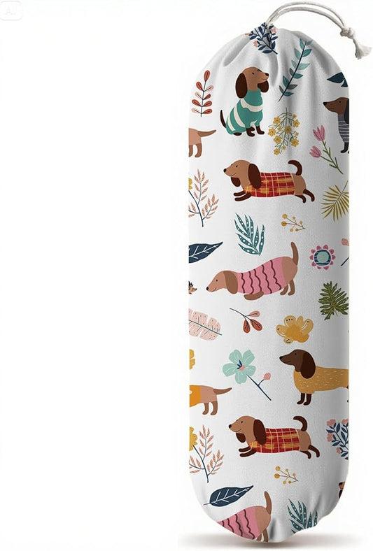 Plastic Bag Holder, Grocery Bag Organizer Storage, Kitchen Dispenser Holders Reusable Shopping with Free Adjustment Drawstring Closure for Home Kitchen Decor, Dachshund