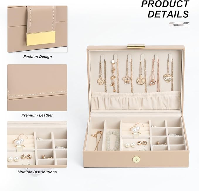 Leather Jewelry Box Elegant Small Jewelry Chest for Women Gift Box for Necklace, Ring, Earring Storage Portable Design for Travel Home Use Apricot