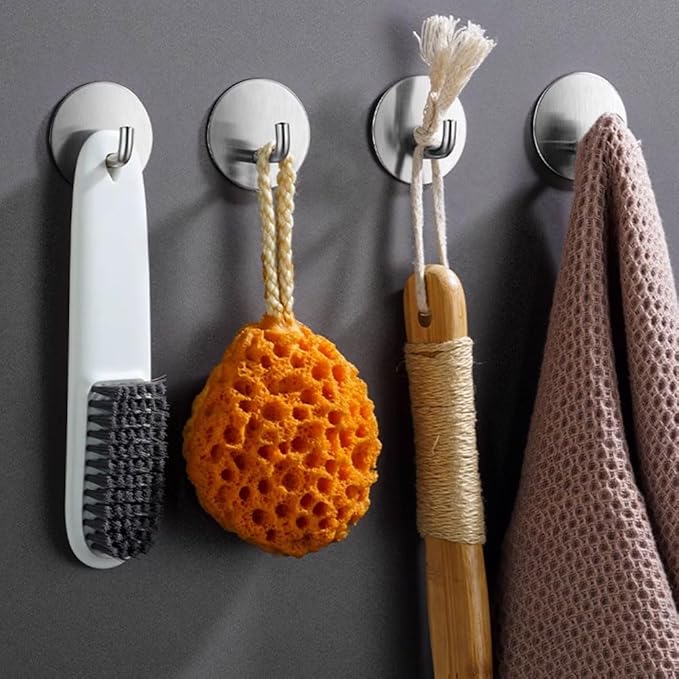 8 Pack Silver Adhesive Wall Hooks, Towel Hooks for Bathrooms, Sticky Hooks for Hanging, Stick-on Wall Mount for Bathroom Kitchen Bedroom No Drill