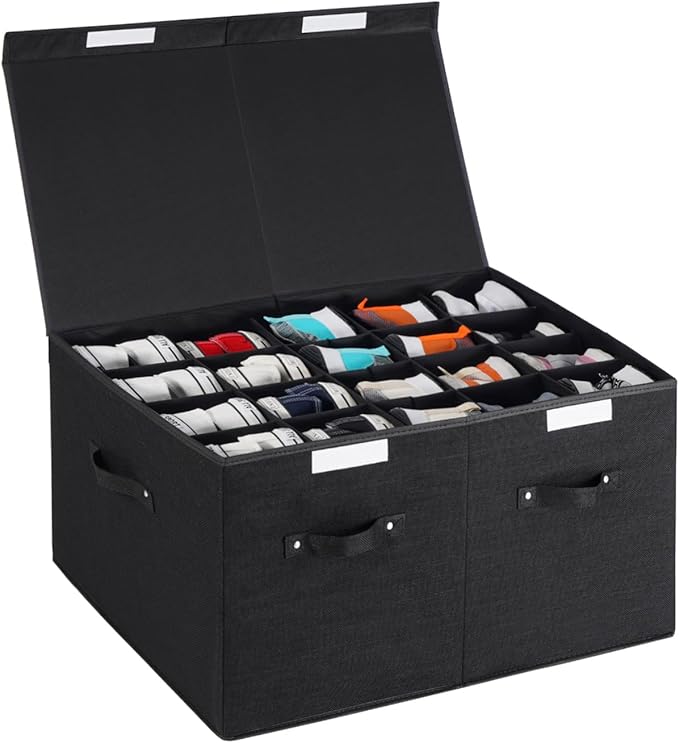 Large Shoe Organizer for Closet Fits 20 Pairs, Shoe Storage Box Bins Containers with Lid and Adjustable Dividers for Shoes, Sneakers and High Heeled, Hard Shell and Stackable (Black)