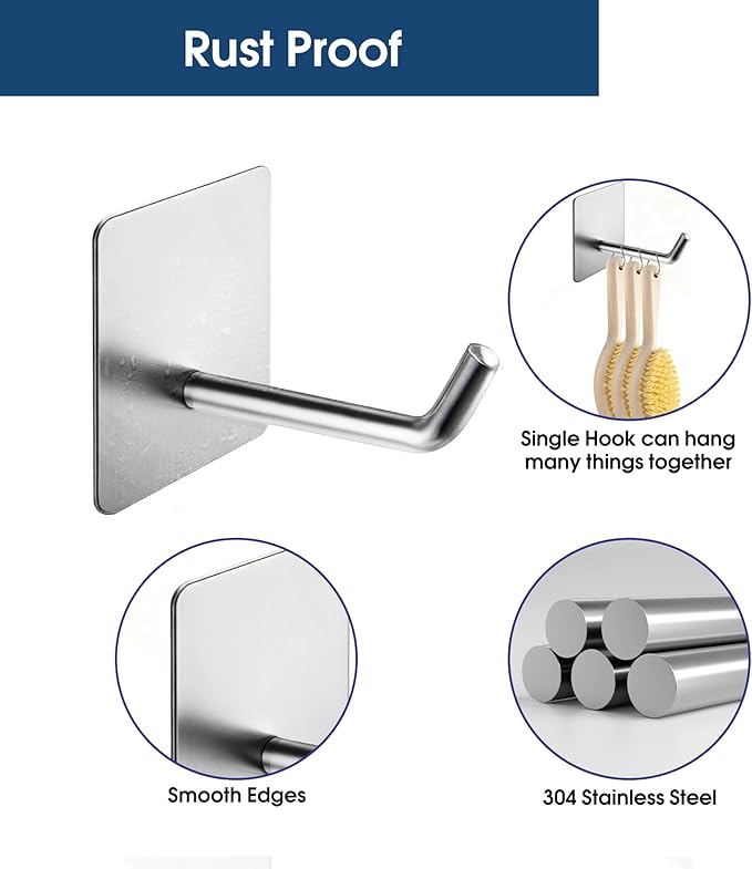 Hawsam 6 Pack Self Adhesive Wall Hooks for Hanging Heavy Duty 44LB/20kg(Max) Adhesive Towel Hooks for Bathroom Silver Towel Robe Coat Hook 304 Stainless Steel Sticky Hooks for Hanging Shaver,Hat