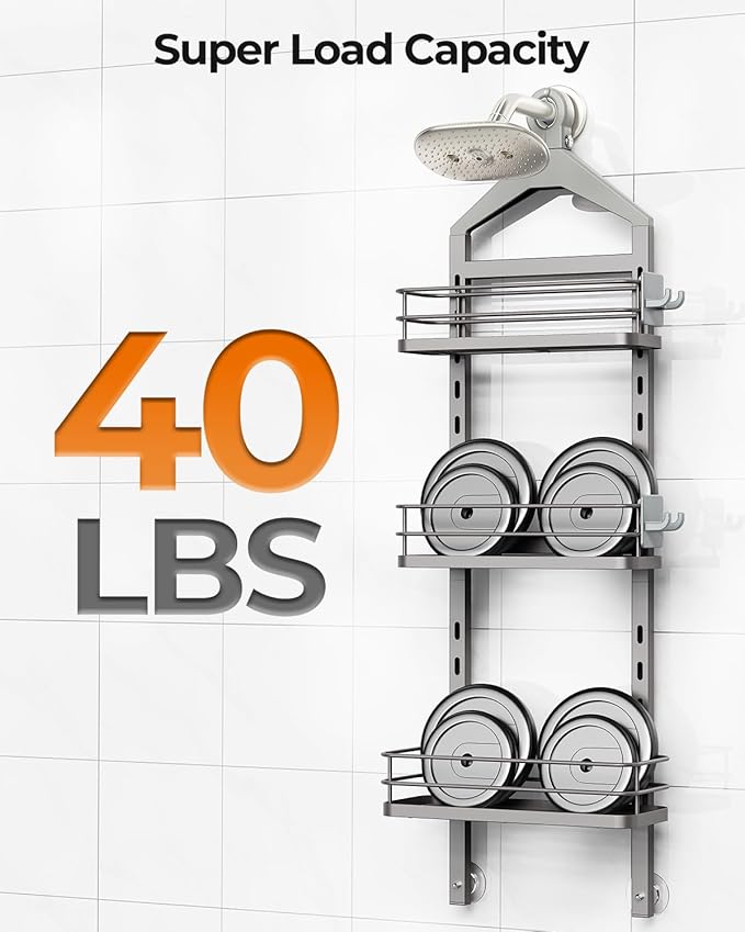 ODesign 3 Tier Height-Adjustable Shower Caddy, Hanging Anti-Swing Over-The-Shower-Head Caddy, Shower Storage Organizer Bathroom Shelves Basket Caddies, Grey