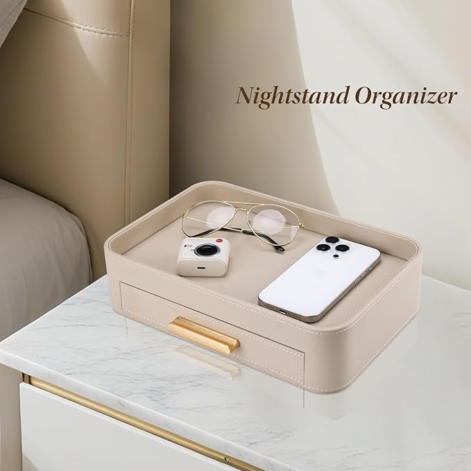 GORESE Valet Jewelry Tray Nightstand Organizer with Drawer, PU Leather Perfume Tray Trinket Trays for Vanity Bathroom Entryway, Catchall Trays for Key Purse Watch Cologne, Gift for Women Men, Beige