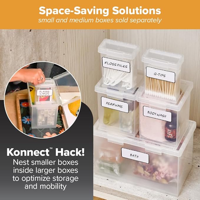 Bostitch Konnect Storage Containers with Lids, Organizer, Clear Plastic Box, Stackable Nesting Bins, Large, 2 Pack