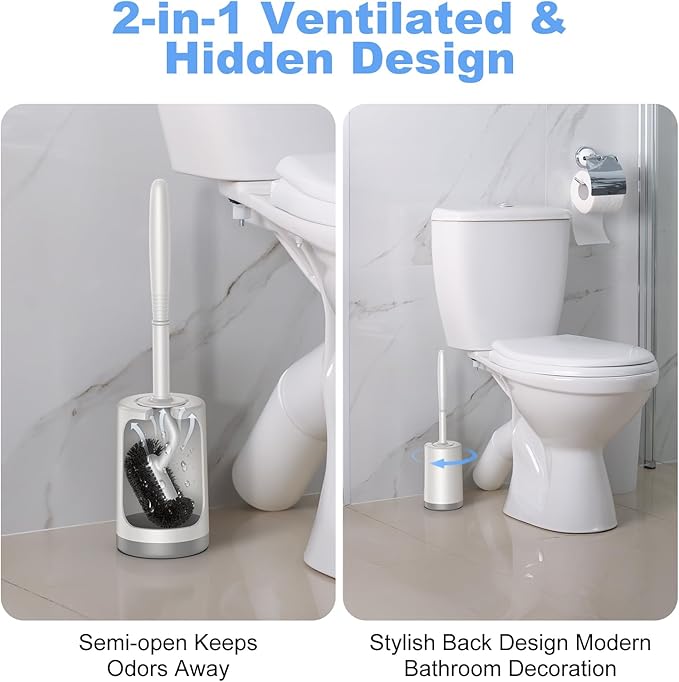 HAMITOR Toilet Bowl Brush Holder Set: Curved Design with Holder for Deep Cleaning Under Rim - Compact Hidden Scrubber for Small Space - Modern RV Bathroom Accessories - White