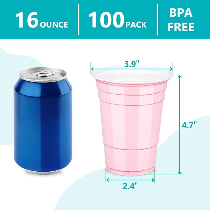 LANLISA 100 Light Pink Plastic Cups, 16 oz Disposable Cups, Drinking Cups For Party Supplies