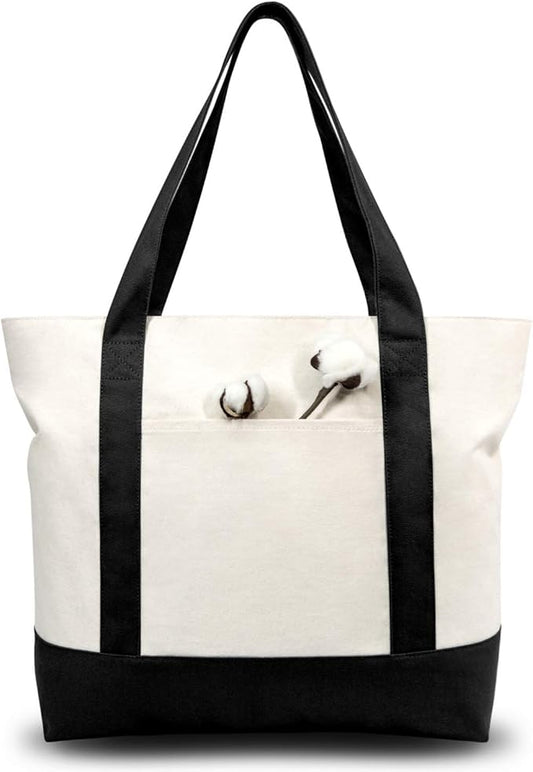 TOPDesign 6-Pack Canvas Tote Bags with an External Pocket, Reusable Grocery Shopping Bags, Top Zipper Closure, Daily Essentials (Black/Natural)