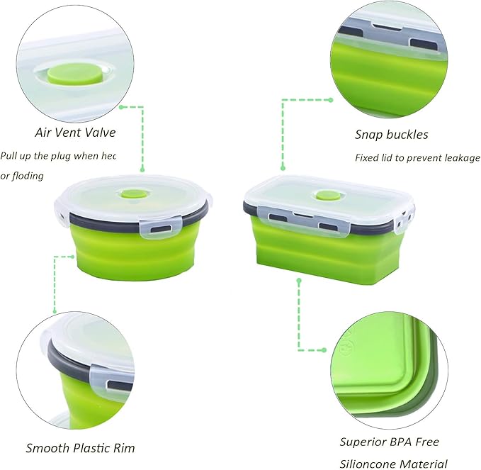 Collapsible Silicone Food Storage Containers, Set of 4 Foldable Storage Bowls with Airtight Lids, Silicone Lunch Box, Microwave,Freezer and Dishwasher Safe, BPA Free (Green, 500ml and 800ml)