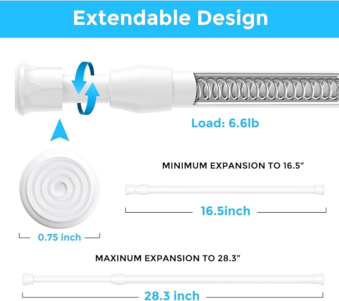 2PCS Small Tension Curtain Rod 16 to 28 Inch,White Short Curtain Rods No Drilling,Loaded Expandable Spring Curtain Rods for Kitchen,Closet,Cupboard,Door,Bookshelf