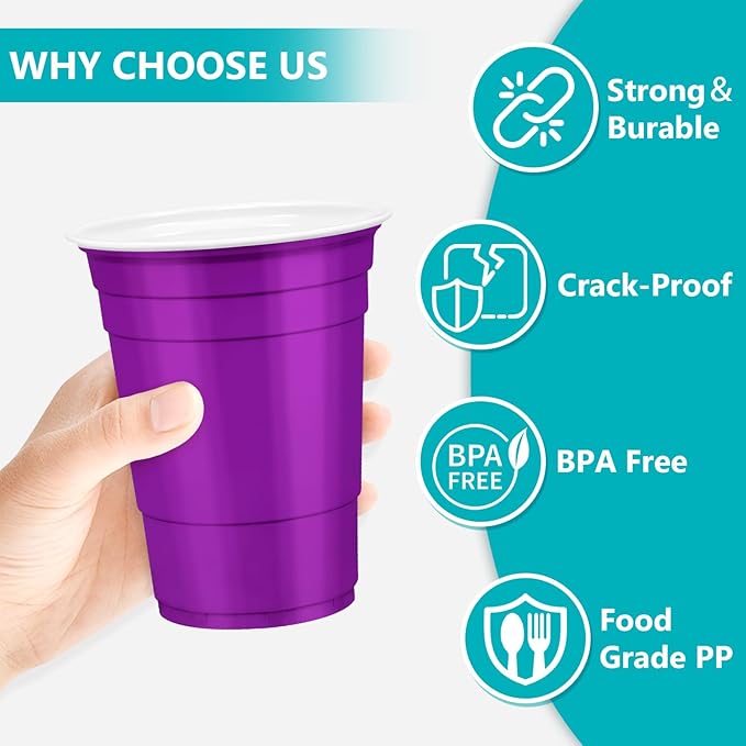 LANLISA 50 Purple Plastic Cups, 16 oz Disposable Cups, Drinking Cups For Birthday Party, Graduation, Mothers Day, Halloween