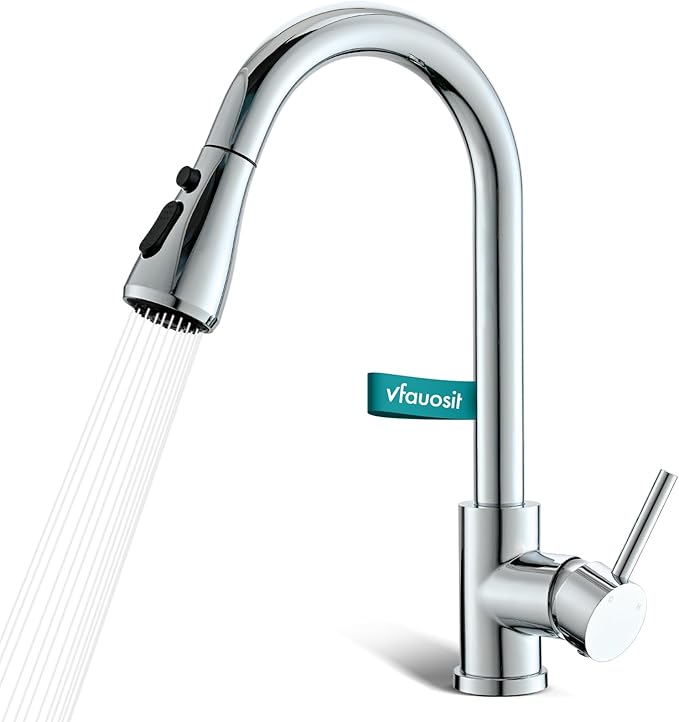 Chrome Kitchen Sink Faucet, Kitchen Faucet with Pull Down Sprayer VFAUOSIT Commercial Stainless Steel Laundry Single Handle Faucet for Kitchen Sink Chrome, Grifo para Fregaderos de Cocina