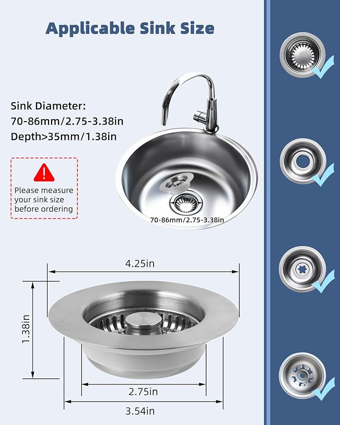Hygie Rinse 3-in-1 Kitchen Sink Strainer Stopper Combo All Metal Stainless Pop Up Sink Drain Strainer with Handle Rod for US Standard 3-1/2 inch Drain Filter, Anti-Clog
