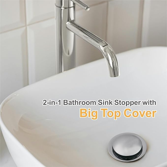 Chrome Bathroom Sink Drain Stopper, Wellup Universal 2-in-1 Sink Stopper Bathroom Drain for 1 1/8"-1 1/2" Sink Drain Hole, Pop up Sink Stopper with Anti-Clogging Strainer, Chrome Plated
