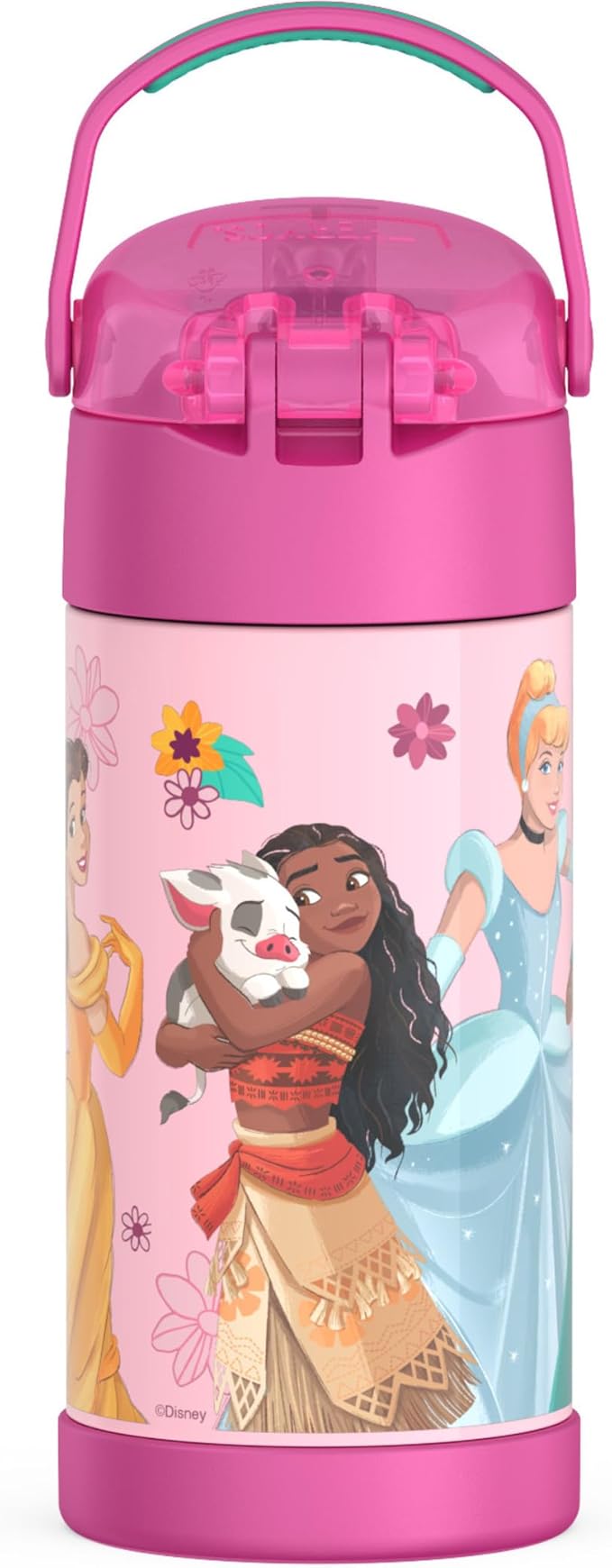 THERMOS FUNTAINER Water Bottle with Straw - 12 Ounce - Kids Stainless Steel Vacuum Insulated Water Bottle with Lid, Princesses