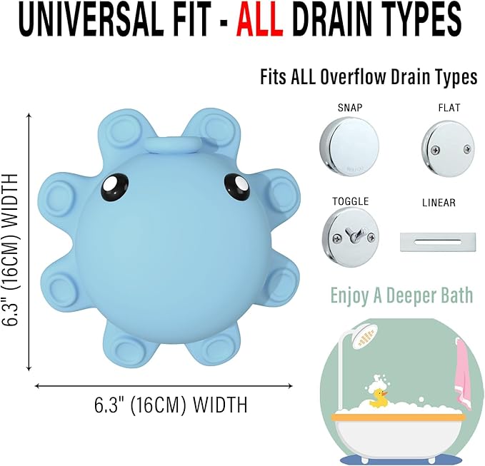 Bathtub Overflow Drain Cover - Silicone Bathroom Overflow Cover for Bath Tub, Bathroom Spa Accessories, Adds Inches of Water for Deeper Bath，Baby Blue