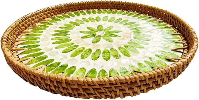 Handmade Round Rattan Tray with Mother of Pearl Inlay, Rattan Serving Tray with Wooden Base, Table Decoration with Wicker Baskets, for Storing and Displaying Bread, Fruit, Desserts (Green Grape)
