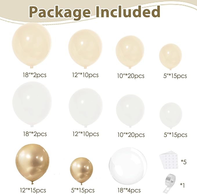 White and Gold Balloon Arch Kit, 128pcs Gold and White Balloon Garland with Chrome Gold White Sand Beige Cream Balloons Garland Kit for Wedding Bridal Shower Birthday Party Gender Reveal Decorations
