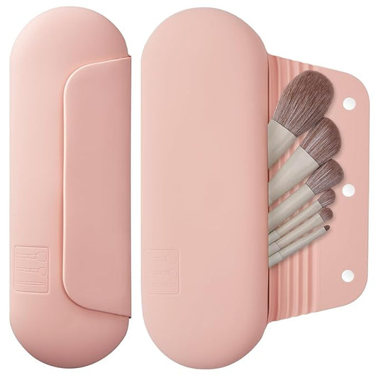 AGIKET Silicone Makeup Brush Holder Travel Cosmetic Bag：Soft Portable Cosmetic Face Brushes Holder with Upgrade Anti-Fall Out Magnetic Closure, Large Travel Makeup Brush Case - Pink Sand