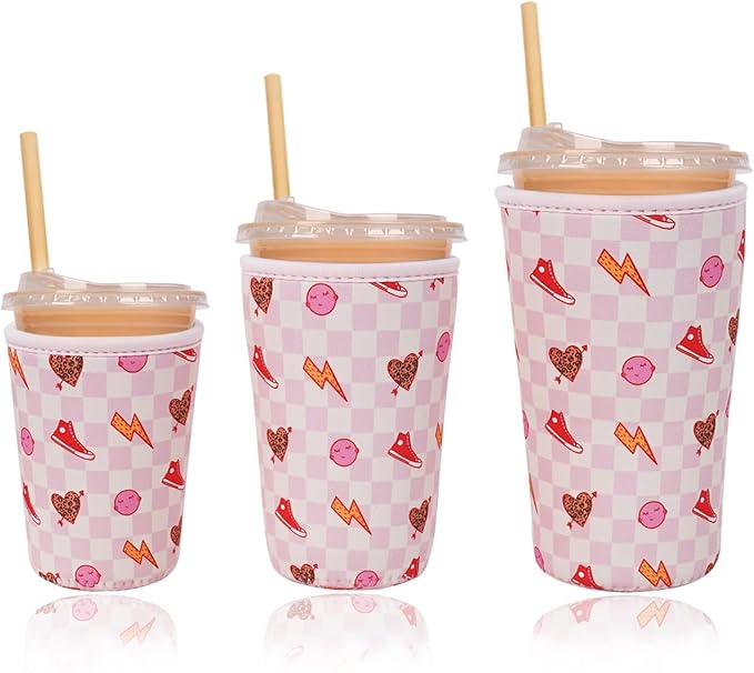 Reusable Insulated Neoprene Iced Coffee Cup Sleeve, Durable Drink Sleeve for Cold Beverages, Beverage Holder for Iced Coffee, Preppy Pink