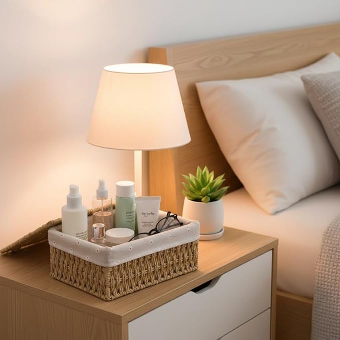 Small Wicker Basket with Lid Paper Rope Storage Baskets for Shelves Set of 3 Tampon Holder with Lid and Removable Liner for Bathroom Makeup Closet Drawer Desk Organizer (Khaki)