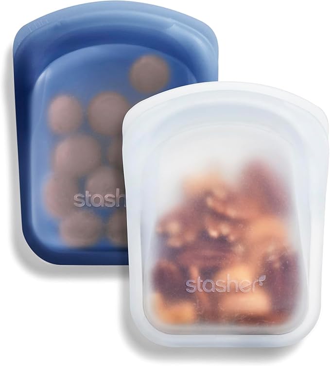 Stasher Silicone Reusable Storage Bags, Pocket 2-Pack, Reusable Snack Bags, Microwave, Dishwasher, Oven Safe, Sous Vide, Eco Friendly, Food Storage Bags, Clear & Deep Ocean
