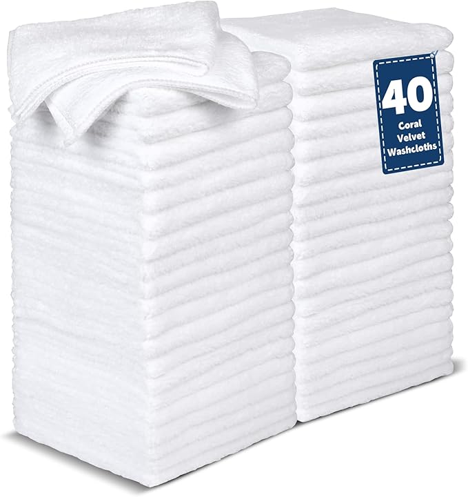 TEAWOO 40 Pack White Coral Velvet Washcloths Bulk, Highly Absorbent and Soft Face Towels, Multi-Purpose Wash Cloths & Hand Towels for Bathroom, Hotel, Spa and Gym, 12 x 12 inches