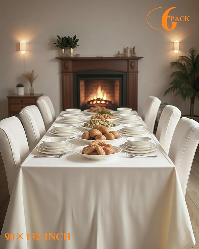 Goodluck 6 Pack Ivory Tablecloth 90 x 132 Inch – Rectangular Polyester Table Cloth, 6-8 Ft Tables – Reusable, Machine Washable Cover for Wedding, Birthday, Party Banquet and Event Decoration
