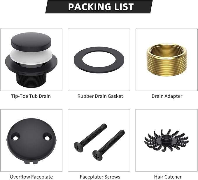 Homeslea Matte Black Tub Drain Kit, Tip-Toe Bathtub Drains and Overflow Trim Set with 2-Hole Overflow Faceplate, Bathroom Bath Tub Drain Stopper Replacement Kit with Hair Catcher, Tub Faucet Set