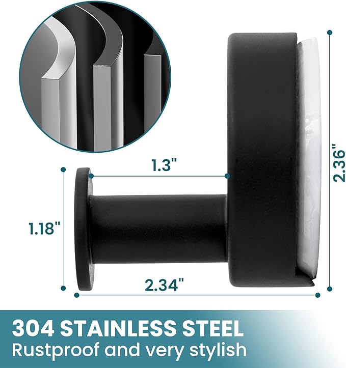TAILI 304 Stainless Steel Bathroom Suction Hooks for Towel, Bathrobe, Loofah, Patented Strong Suction Cup Holder, No Damage Hanging Glass Shower Wall Hook, Classic Round, 2 Pack, Black