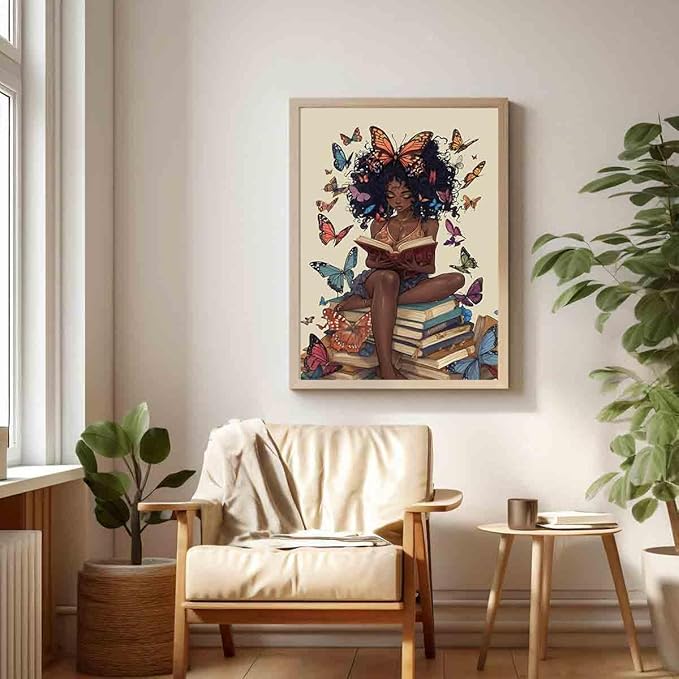 Black Girl Reading Poster African American Artwork Boho Butterfly Painting Black Girl Art Prints Vintage Reading Picture Inspiring Wall Reading Book Print African Minimalist Posters 16x24inch No Frame
