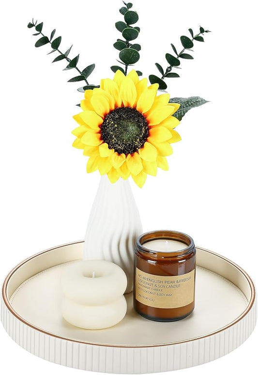 GORESE Round Decorative Serving Tray for Coffee Table Decor, 12" PU Leather Table Centerpiece Home Decor, Valet Tray for Trinket Jewelry Perfume Key, Ottoman Tray Nightstand Organizer, Cream White