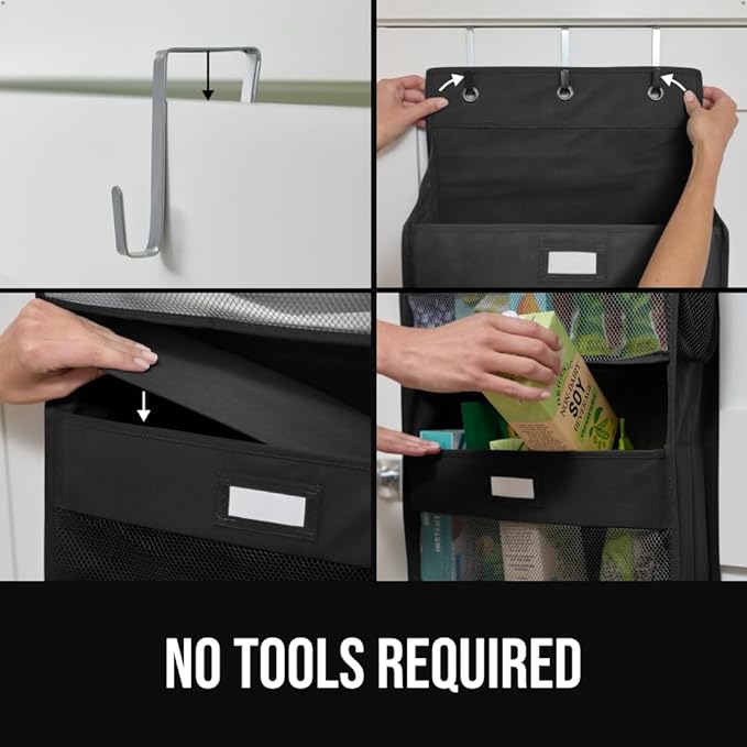 GORILLA GRIP Large Capacity Closet Organizer, 5 Deep Shelves, Holds 50lbs, Over the Door Organizers 6 Mesh Pockets, Shelf Storage for Clothes Crafts Dorm Essentials, 3 Metal Hooks, 58x15 Inches, Black