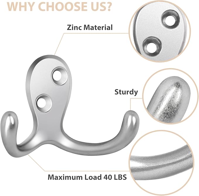 10 Pack Coat Hooks, Heavy Duty Double Prong Coat Hooks Wall Mounted with 20 Screws, No Rust Silver Metal Wall Hooks for Hanging Towel, Coat, Bag, Hat, Cup, Key