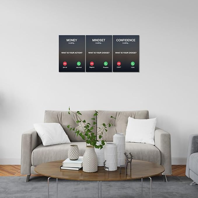 KAWAHONE 3PCS Motivational Canvas Wall Art, Positive Affirmation Poster -Money is calling Mindset Confidence -Inspirational Quotes Posters for Home Office Workplace Ready to Hang