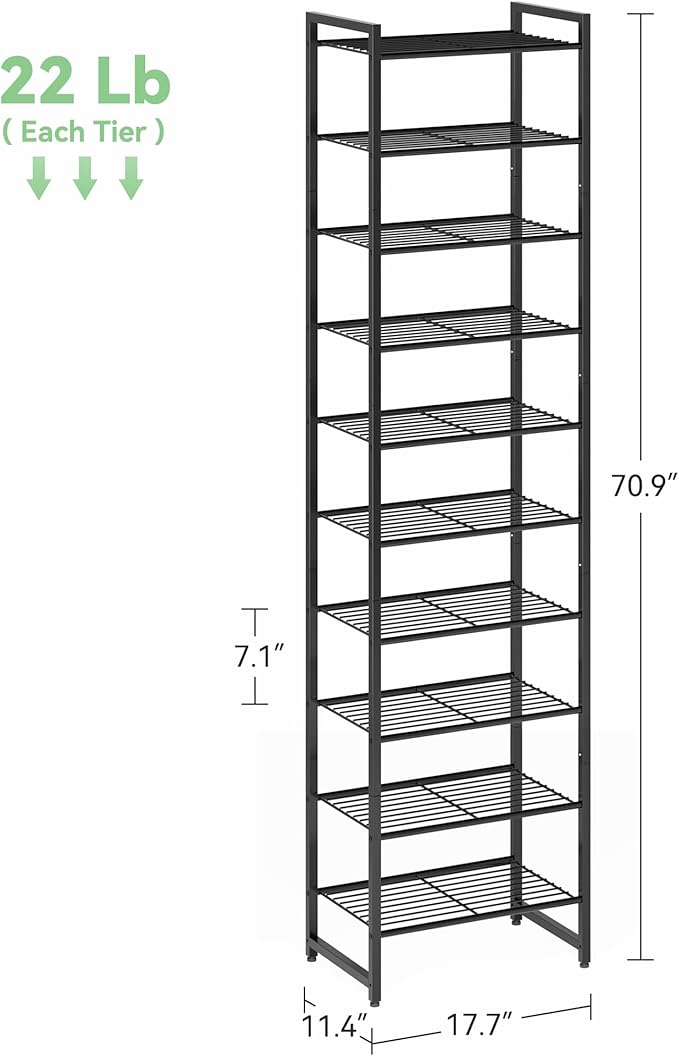 Narrow Shoe Rack, 10-Tier Metal Shoe Organizer,Tall Shoe Shelf with Anti-Tip Strap, Max Holds 20 Pairs,Space Saving for Closet,Entryway,Black
