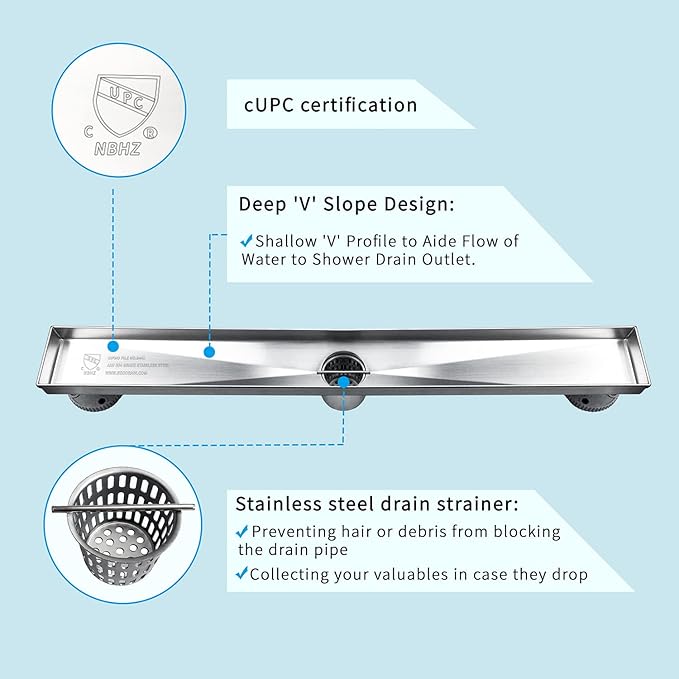 Neodrain 18-Inch Linear Shower Drain - with 2-in-1 Flat & Tile Insert Cover, Brushed 304 Stainless Steel Rectangle Shower Floor Drain, Floor Shower Drain